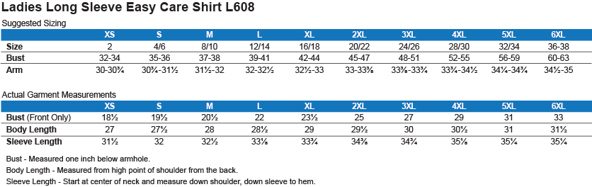 L608 Port Authority Ladies' LS Blouse Size Chart